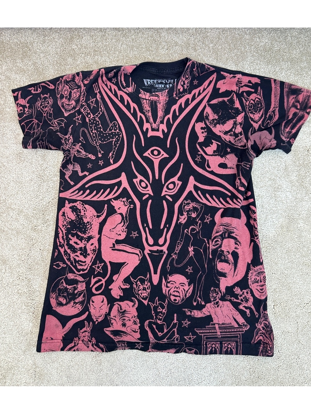 Women’s Sz S Kreepsville 666 Baphomet All Over Print Black Red Graphic T-Shirt